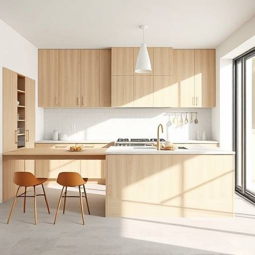A serene and minimalist kitchen bathed in soft, natural light, featuring pale wood cabinets and muted stone countertops.