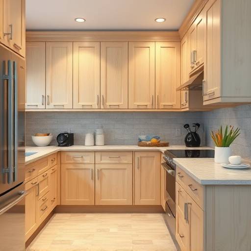 A serene kitchen with pale wood cabinets, muted stone countertops, and soft, diffused lighting.
