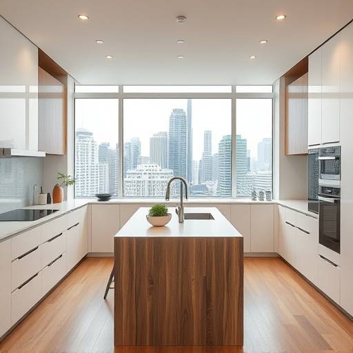 An open-concept Toronto kitchen with a light wood island, minimalist design, and large windows showcasing the city skyline, symbolizing a blend of urban living and peaceful cooking.