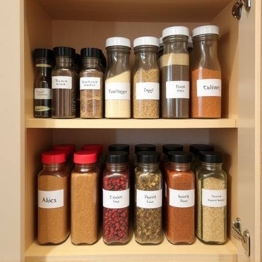 Close-up of a spice rack with clearly labeled containers, organized for easy access.